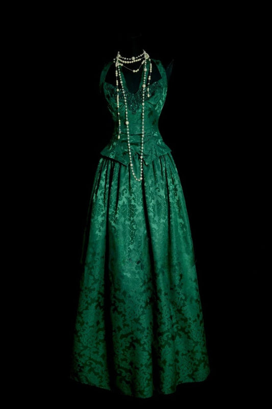 Chic Green Prom Dress Halter A-Line Evening Dress Jacquard Satin Sleeveless Birthday Dress ED06771