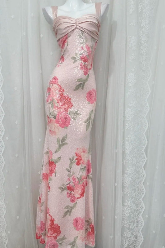 Chic Pink Prom Dress Sapghetti Straps Sheath Evening Dress Sequins Sleeveless Birthday Dress ED06774