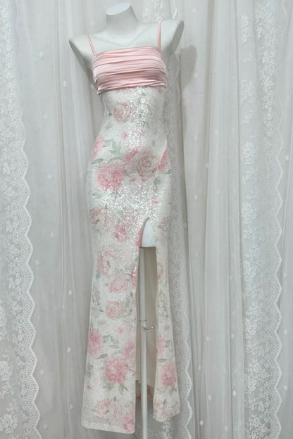 Chic Pink Prom Dress Sapghetti Straps Sheath Slit Evening Dress Sequins Sleeveless Birthday Dress ED06775