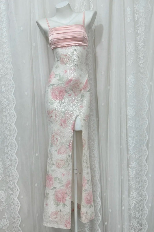 Chic Pink Prom Dress Sapghetti Straps Sheath Slit Evening Dress Sequins Sleeveless Birthday Dress ED06775