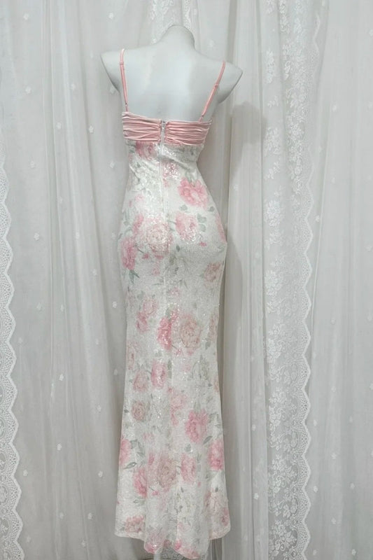 Chic Pink Prom Dress Sapghetti Straps Sheath Slit Evening Dress Sequins Sleeveless Birthday Dress ED06775