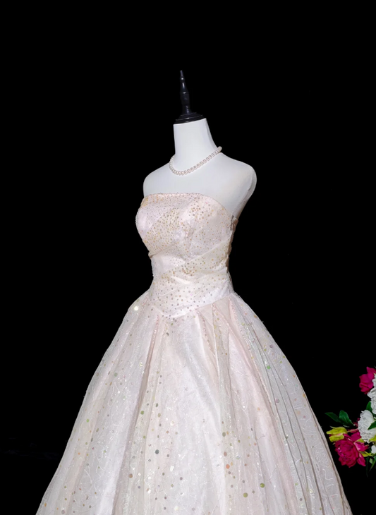 Chic Soft Pink Prom Dress Strapless A-Line Birthday Dress Tulle Sequins Sleeveless Evening Dress ED06793