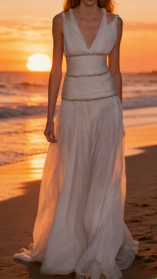 Chic WhiteProm Dress V-Neck Sheath Birthday Dress Chiffon Sleeveless Evening Dress ED06801