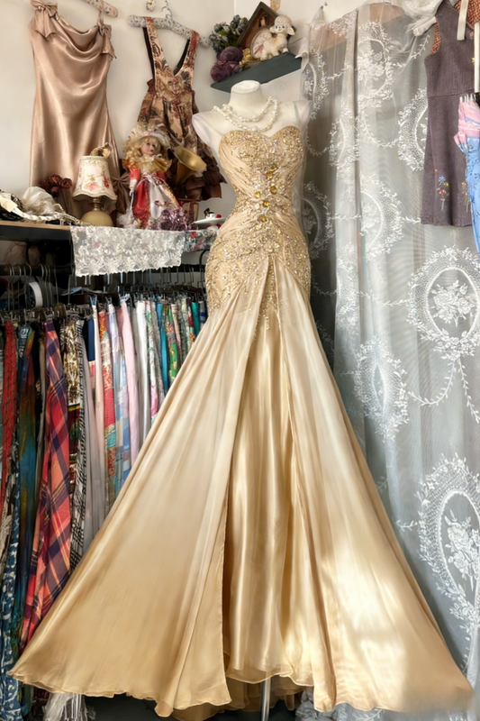 Cute Gold Prom Dress One-shoulder Sheath Evening Dress Chiffon Beaded Dress ED06811