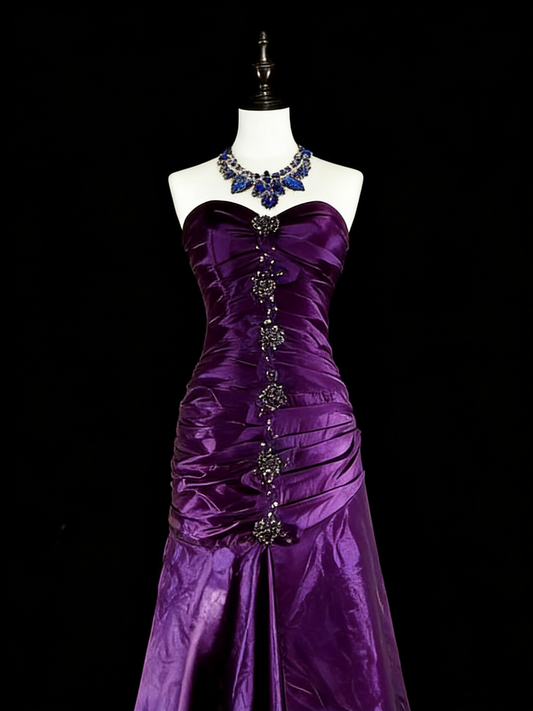 Cute Dark Purple Prom Dress Strapless Sheath Evening Dress Satin Beaded Dress ED06812