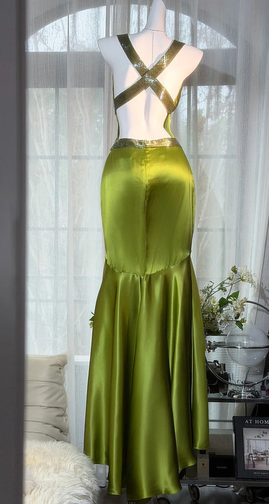 Chic Green Prom Dress Satin V-neck Evening Dress Sheath Formal Dress ED06837