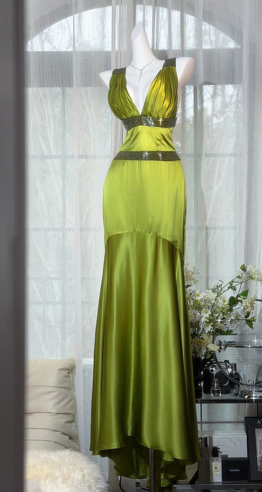 Chic Green Prom Dress Satin V-neck Evening Dress Sheath Formal Dress ED06837