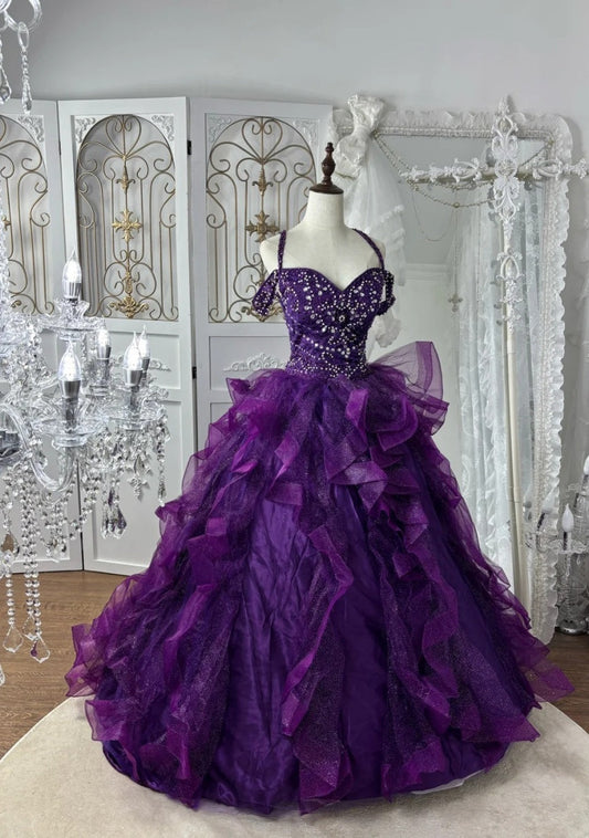 Cute Purple Prom Dress Tulle Straps Evening Dress A-Line Birthday DressED06847