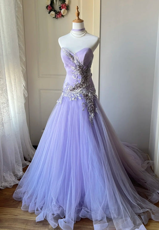 Gorgeous Sheath Purple Prom Dress Tulle Strapless Evening Dress ED06856