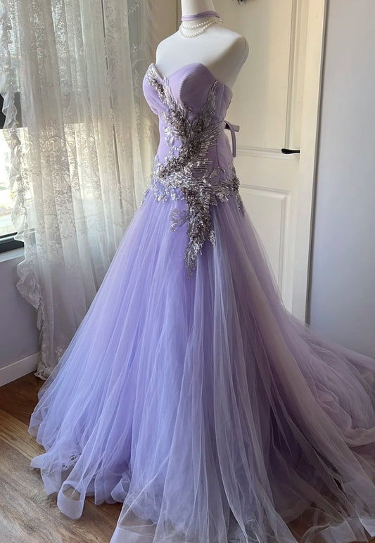 Gorgeous Sheath Purple Prom Dress Tulle Strapless Evening Dress ED06856