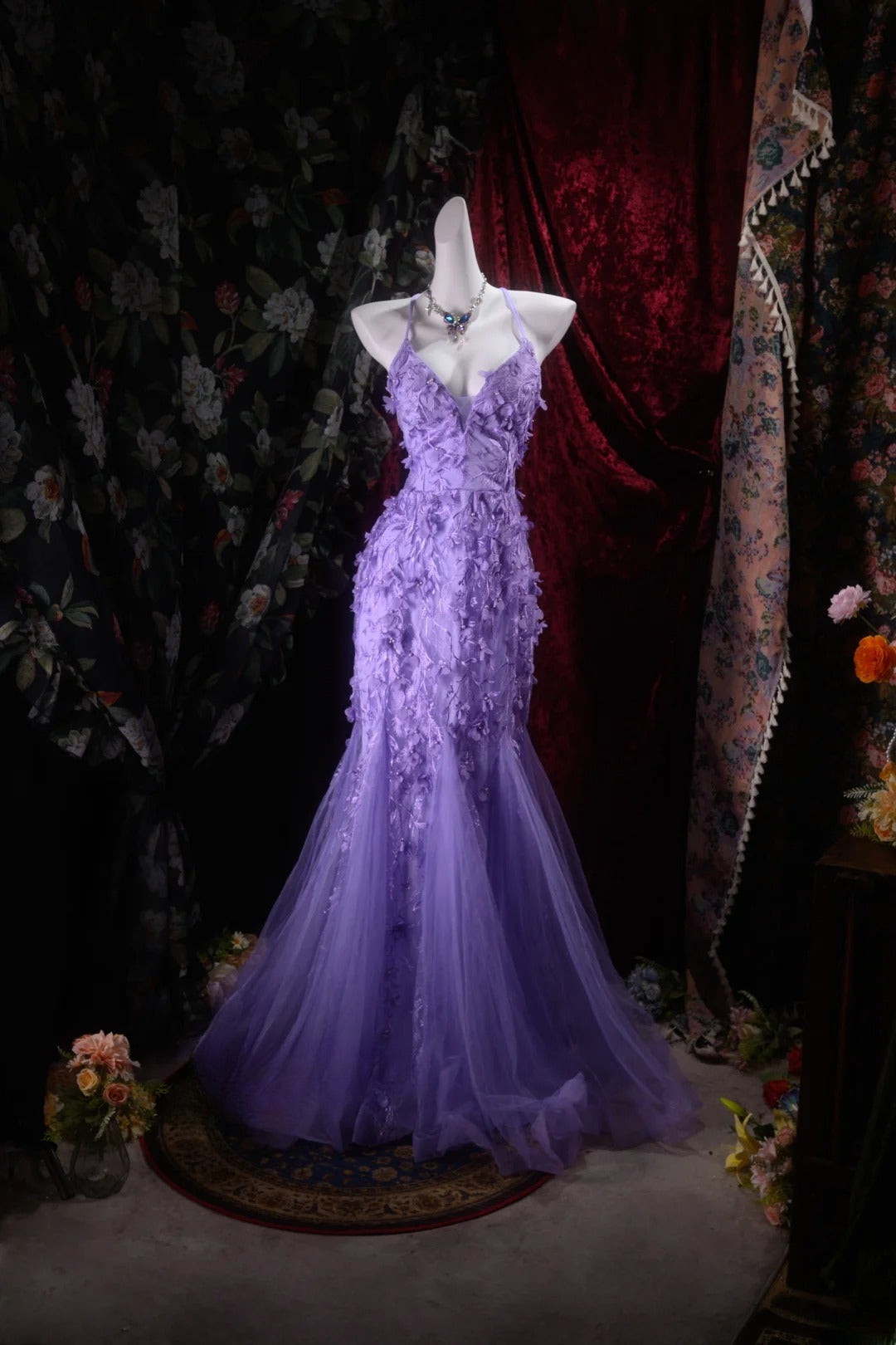 Gorgeous Mermaid Purple Prom Dress Tulle Halter Evening Dress ED06857