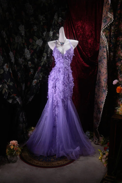 Gorgeous Mermaid Purple Prom Dress Tulle Halter Evening Dress ED06857