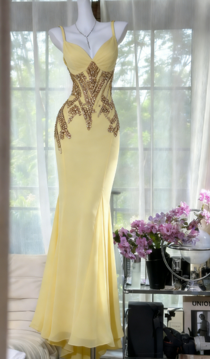 Gorgeous Mermaid Yellow Prom Dress Chiffon Beaded Spaghetti Straps Evening Dress ED06859
