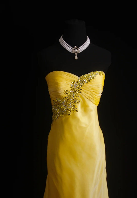 Vintage Yellow Prom Dress Chiffon Strapless Evening Dress Sheath Formal Dress ED06868