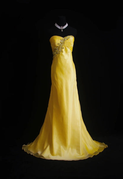 Vintage Yellow Prom Dress Chiffon Strapless Evening Dress Sheath Formal Dress ED06868