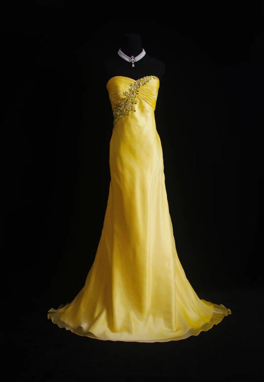 Vintage Yellow Prom Dress Chiffon Strapless Evening Dress Sheath Formal Dress ED06868