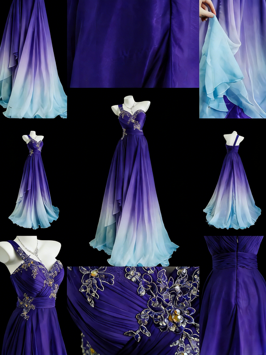 Chic Gradient Purple Prom Dress Chiffon One-shoulder Evening Dress A-Line Formal Dress ED06878