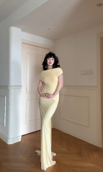 Elegant Yellow Prom Dress Chiffon Off-shoulder Evening Dress Sheath Formal Dress ED6869