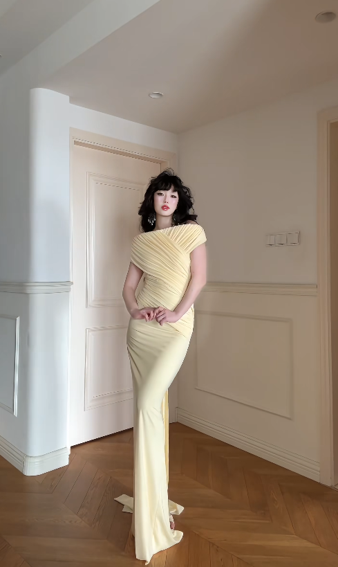 Elegant Yellow Prom Dress Chiffon Off-shoulder Evening Dress Sheath Formal Dress ED6869