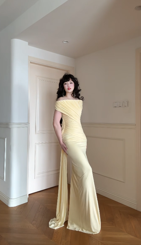 Elegant Yellow Prom Dress Chiffon Off-shoulder Evening Dress Sheath Formal Dress ED6869