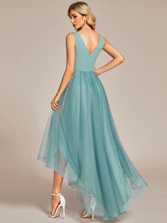 Weitese Sleeveless Tulle High Low Prom Dress with Waist Chain