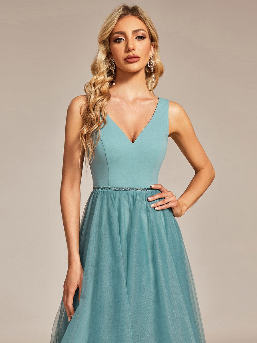 Weitese Sleeveless Tulle High Low Prom Dress with Waist Chain