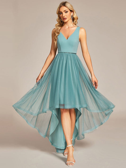 Weitese Sleeveless Tulle High Low Prom Dress with Waist Chain