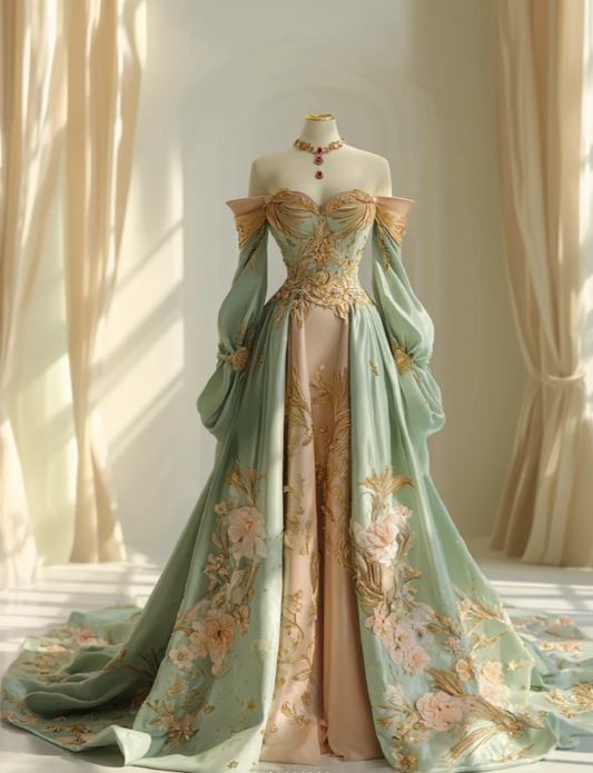 Gorgeous Green A-Line Long Prom Dresses Satin Appliques Off-shoulder Quinceanera  Dresses Sleeveless Sweet 16 Dresses EP06082