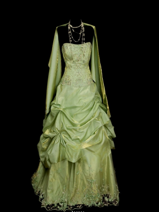 Cute Green A-Line Long Prom Dresses Satin Strapless Quinceanera  Dresses Sleeveless Sweet 16 Dress EP06087