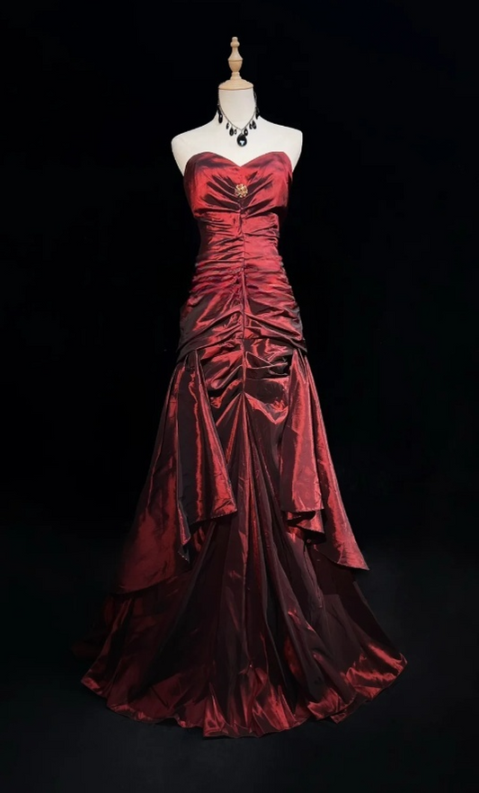 Elegant Burgundy Birthday Dresses, Sweetheart Sheath Long Prom Dresses, Satin Sleevless Evening Dresses EP06499