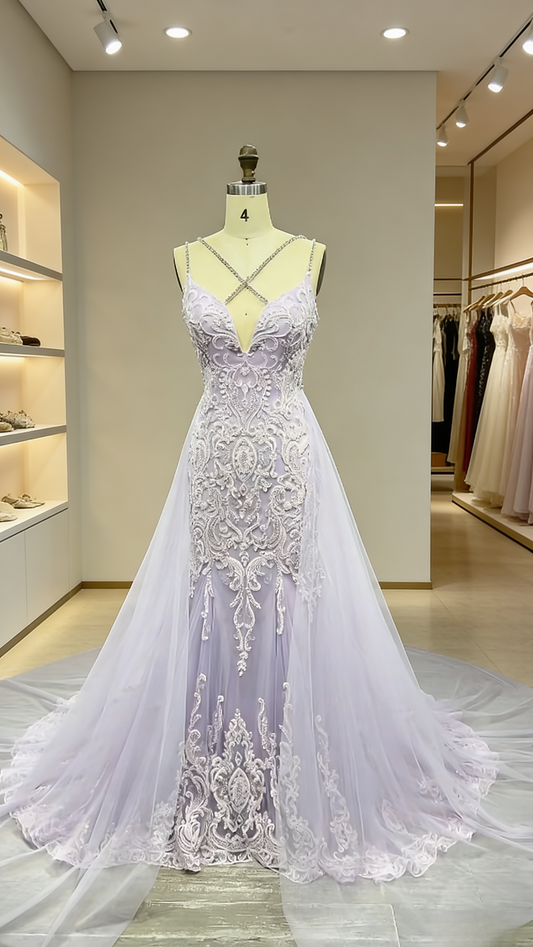 Gorgeous Light Purple Prom Dress Straps Sheath Evening Dress Beaded Chiffon Birthday Dress EP06754