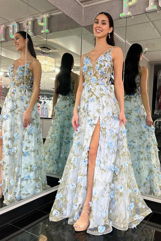 Elegant 3D Flowers A-line Prom Dresses V-Neck Evening Party Dress,AST2201