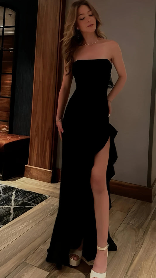 Elegant Black Strapless Prom Dress Long Evening Dress With Side Slit, LTP3514