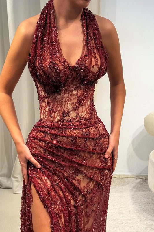 Elegant Burgundy Halter Beaded Lace Prom Dresses Long Slit Evening Party Dress,AST2302