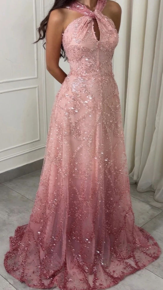 Elegant Halter Lace Prom Dresses Sleeveless Evening Party Dress,LTP4315
