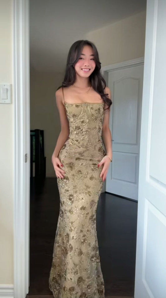 Elegant Lace Mermaid Prom Dresses Spaghetti Straps Evening Party Dress,LTP4316