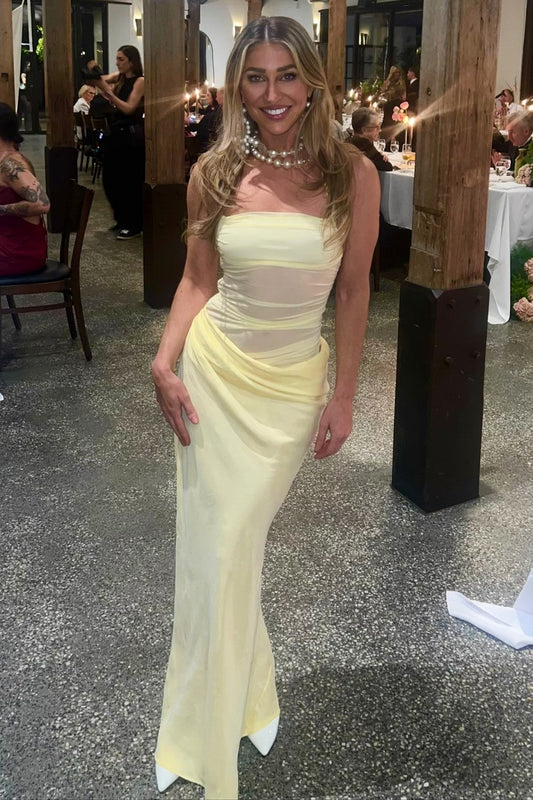 Elegant Halter Yellow Prom Dress with Sheer Mesh and Ruched Waist