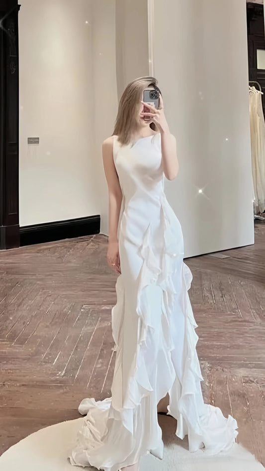 Elegant White Sheath Prom Dresses V-back Ruffle Evening Party Dress,AST2268