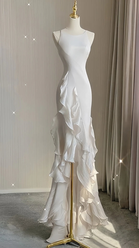 Elegant White Sheath Prom Dresses V-back Ruffle Evening Party Dress,AST2268