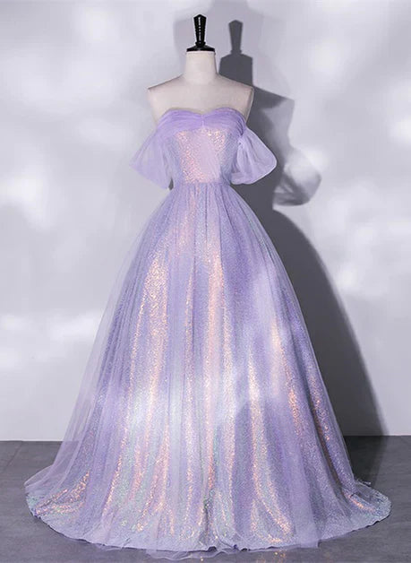 Lavender A-line Tulle and Sequins Prom Dress