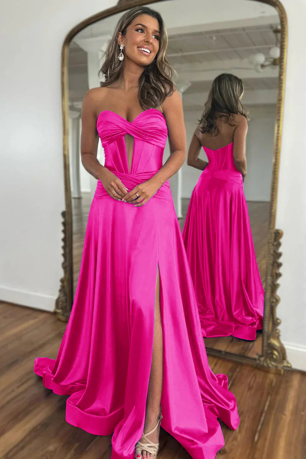 Sweetheart Zipper Back Long Satin Gold Prom Dress With Split