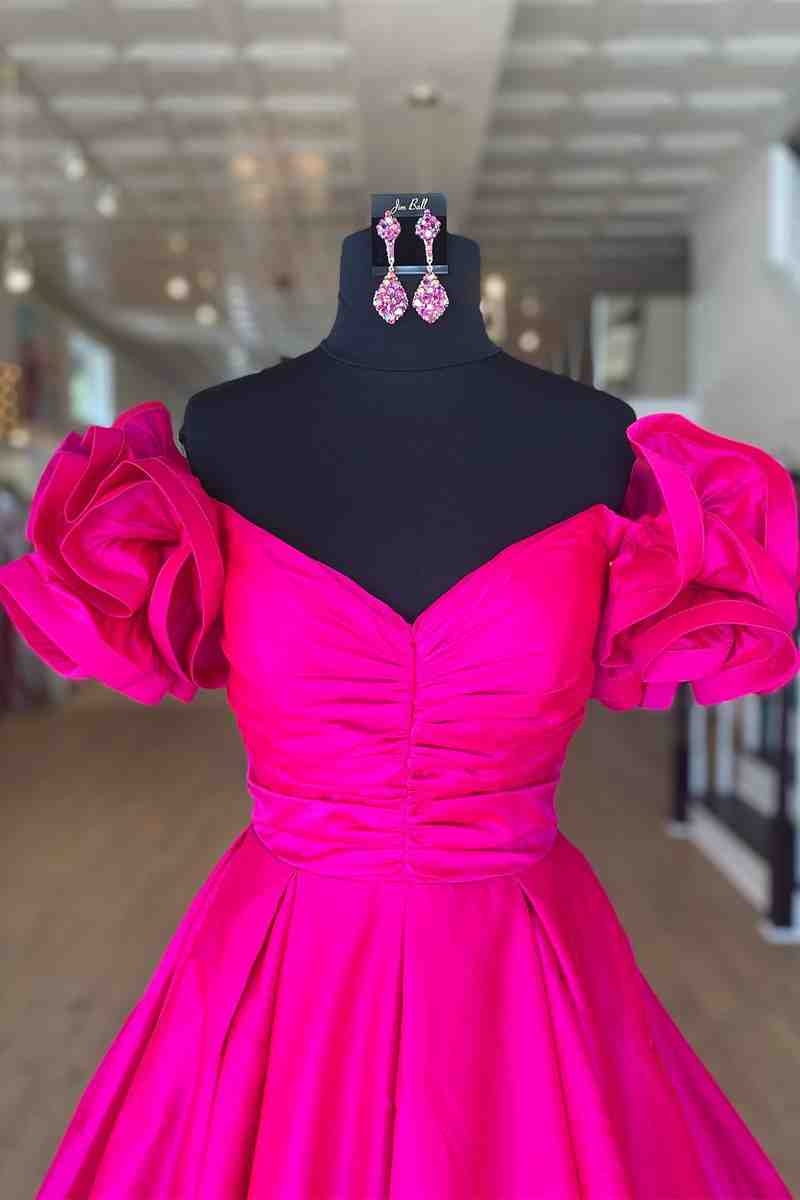 A-Line Ruffle Shoulder Fuchsia Satin Long Formal Dress,Yellow Satin Evening Dresses