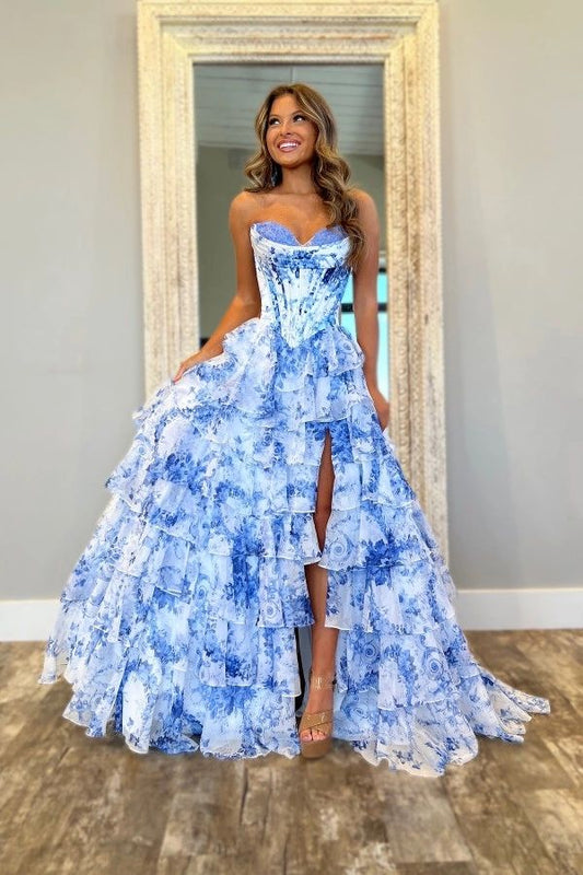 Floral Prom Dresses A-Line Ruffle Evening Party Dress With Slit,AST2199