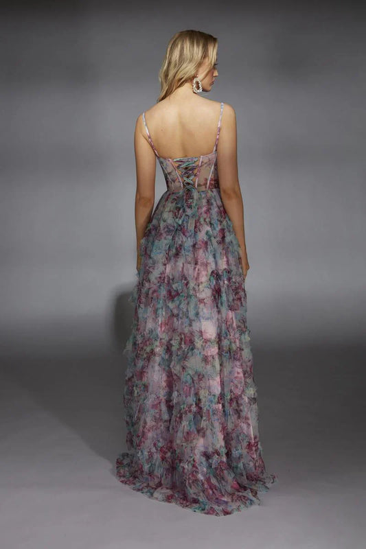 Formal Wear Dresses Printing A-line Sleeveless Prom Dress Off-the-Shoulder Pleated Tiered Floor Length With Slit Prom Dress Prom Dresses Stores