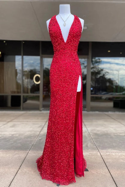 Formal Wear Dresses V Neck Sleeveless Backless Halter Red Sequin Mermaid Side Slit Prom Dress Stores With Prom Dresses