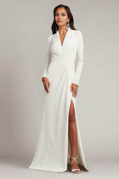 Formal Women's Dresses Handmade Long Sleeve Pleated V Neck Bridal Gown Dress With Slit Prom Dress Formal Dresses Prom Dresses Stores
