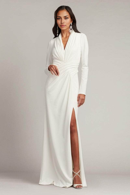 Formal Women's Dresses Handmade Long Sleeve Pleated V Neck Bridal Gown Dress With Slit Prom Dress Formal Dresses Prom Dresses Stores