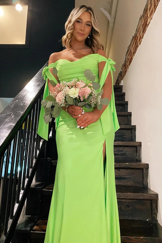 Formal Women's Dresses Off the Shoulder Lemon Green Ruched Mermaid Long Formal Dress With Slit Prom Dress Prom Dress In Store