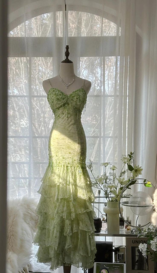 Gorgeous Green Mermaid Sweetheart  Chiffon Beaded Layered Prom Dress Long Evening Dress Y8558