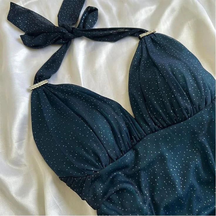 Glitter Halter Chiffon Prom Dress With Side Ruffle, LTP3517